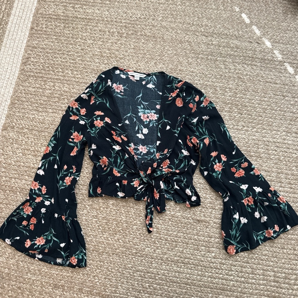American Eagle Outfitters Black Floral Wrap Blouse